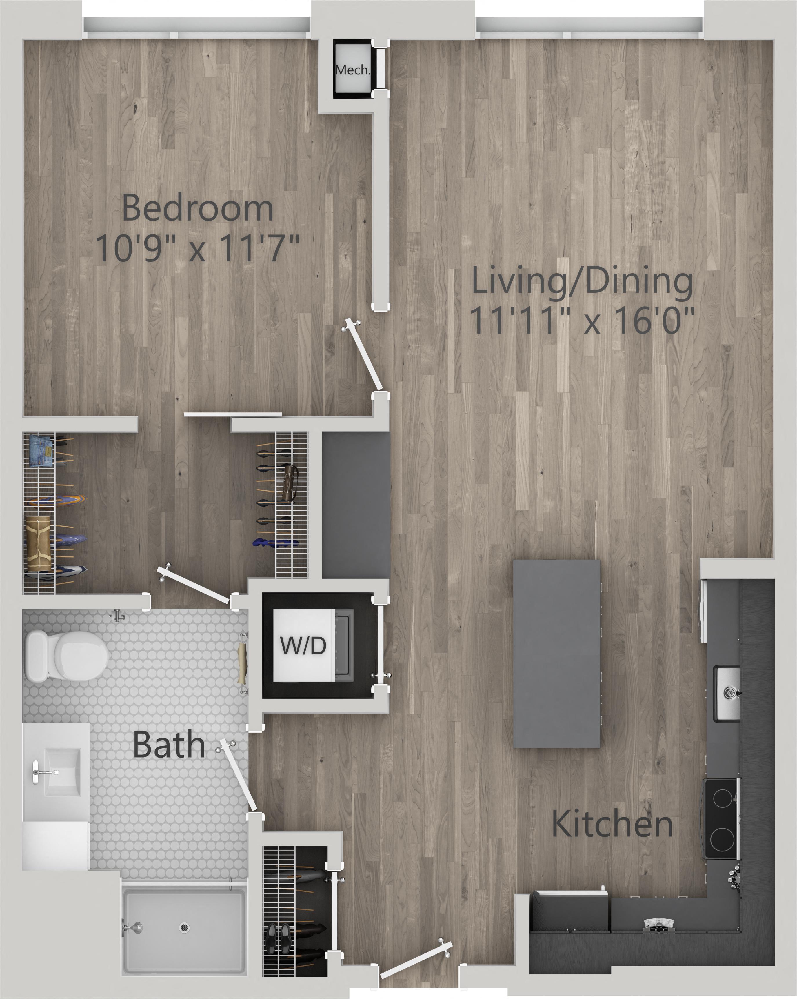 Floor plan for 1 bed, 1 bath, 711 sqft